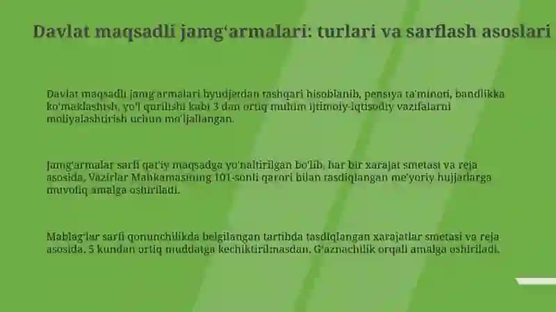 Davlat maqsadli jamg'armalari: turlari va xarajat asoslari 3