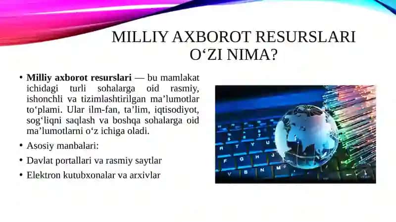 Milliy axborot resurslari bilan ishlash. Ziyonet axborot ta'lim tarmogʻi va uning loyihalari. 3