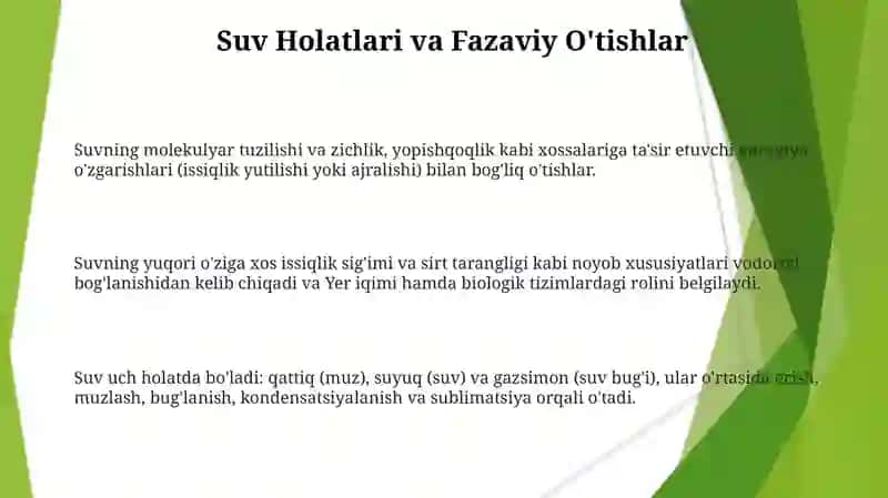 Suvning molekulyar tuzilishi va zichlik, yopishqoqlik kabi xossalariga ta'sir etuvchi energiya o'zgarishlari 3