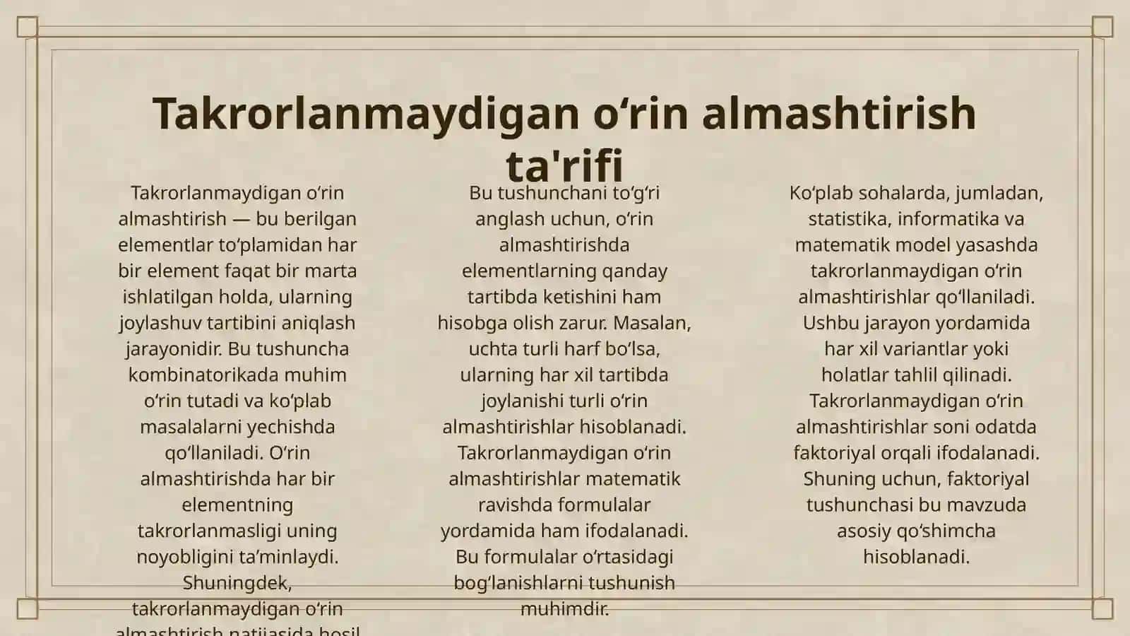 TAKRORLANMAYDIGAN O'RIN ALMASHTIRISHLAR 3