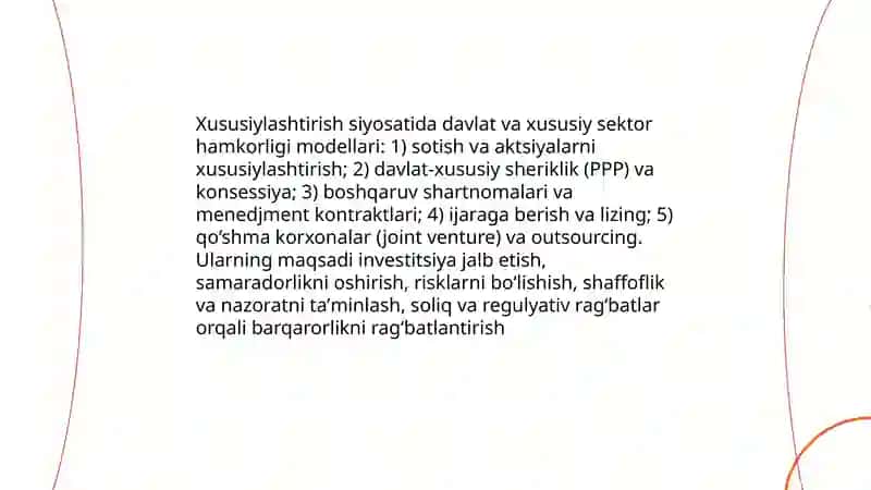 Xususiylashtirishda davlat va xususiy sektorlarni birlashtirish 3