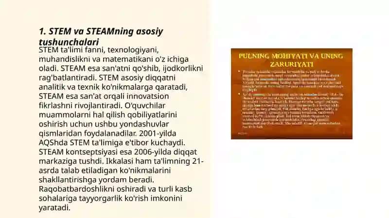 STEM va STEAM ning rivojlanishi STEMning STEAMga aylanishi va takomillashtirilishi. STEAM texnologiyasini qo'llashda tarbiyachining kreativligi 3