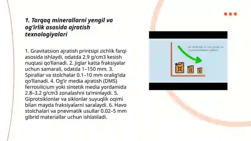 Tarqoq minerallarni samarali yig'ib olish va konsentratlash texnologiyalar 3