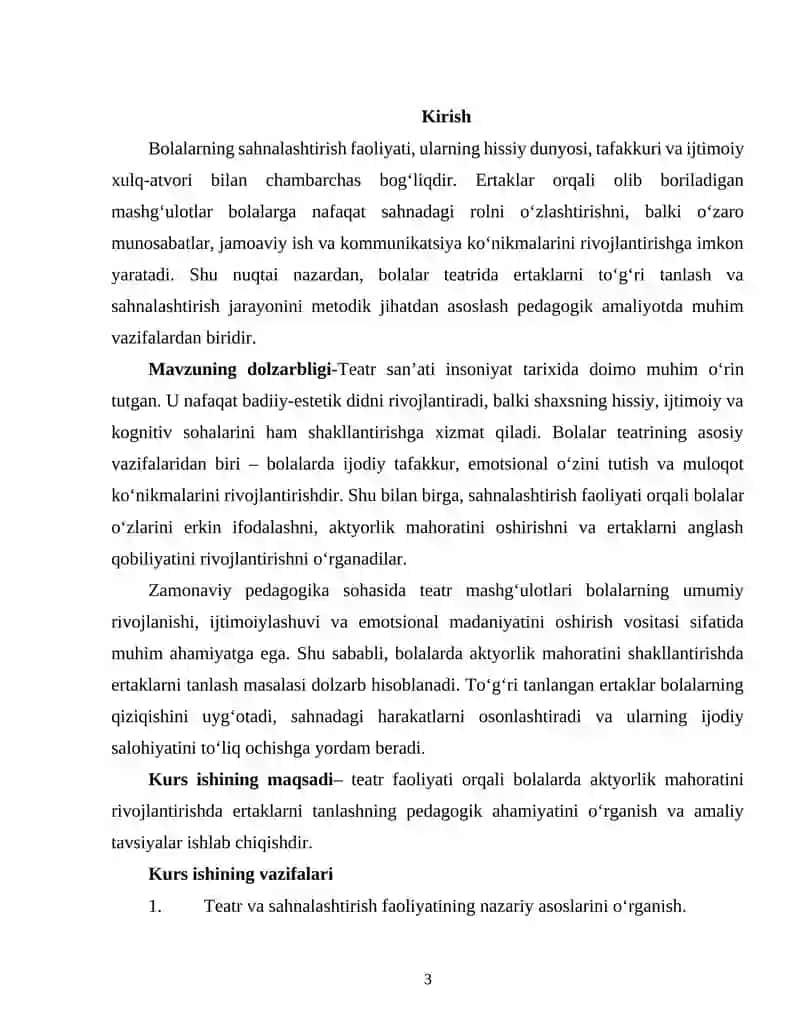 Teatr - sahnalashtirish faoliyatining shakllari. Teatr faoliyatida bolalarda aktyorlik mahoratini rivojlantirishda ertaklar tanlash12.docx 3