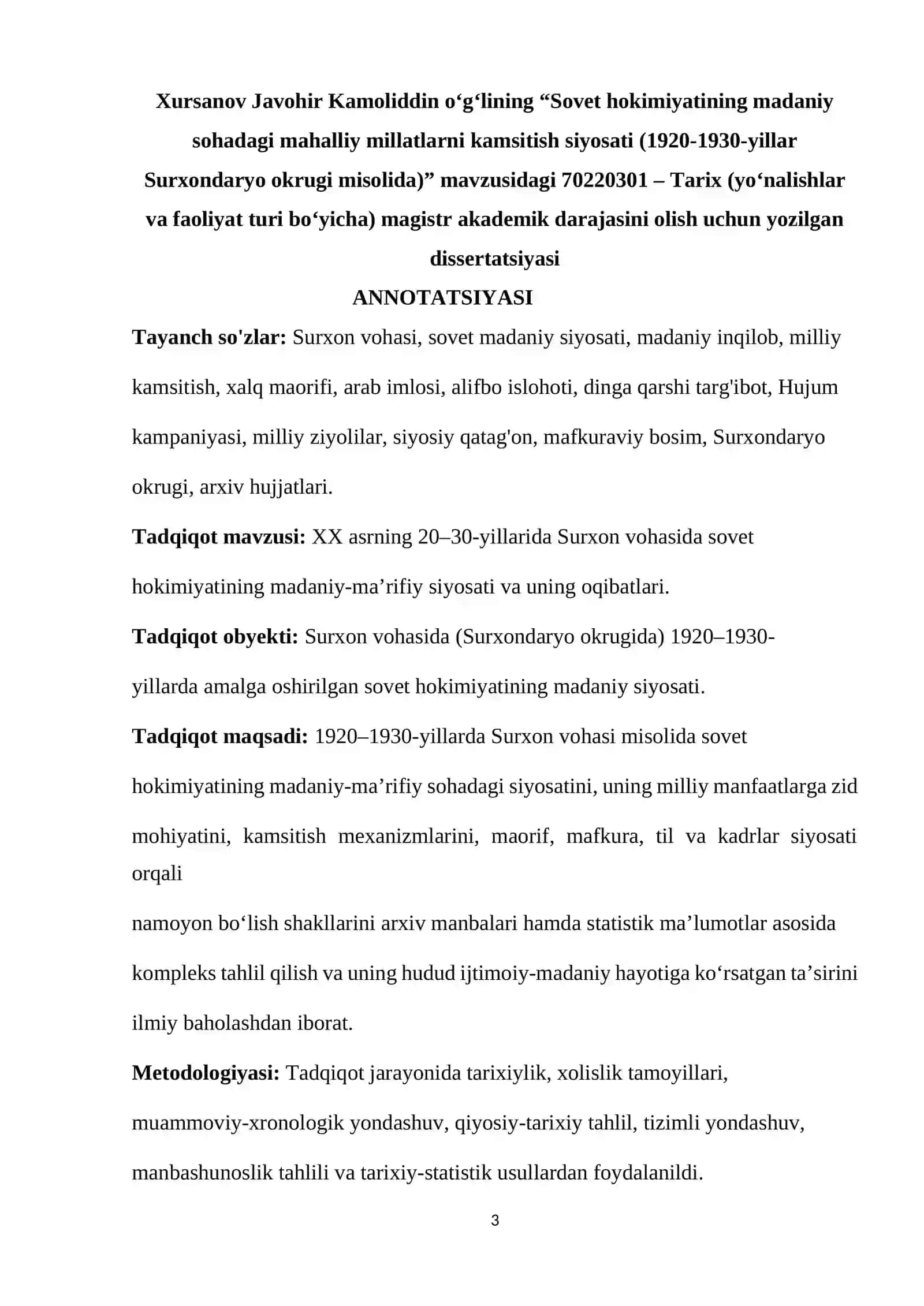 SOVET HOKIMIYATINING MADANIY SOHADAGI MAHALLIY MILLATLARNI KAMSITISH SIYOSATI (1920-1930-YILLAR SURXONDARYO OKRUGI MISOLIDA) 3