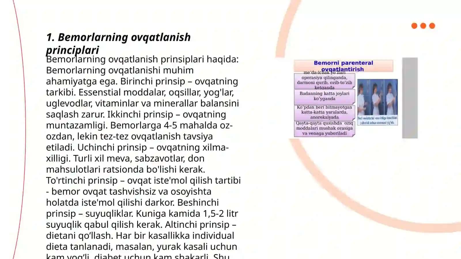 Bemorlarning ovqatlanishi. Sun`iy ovqatlantirish usullari (oshqozon zondi, klizma, parenteral usul) 3