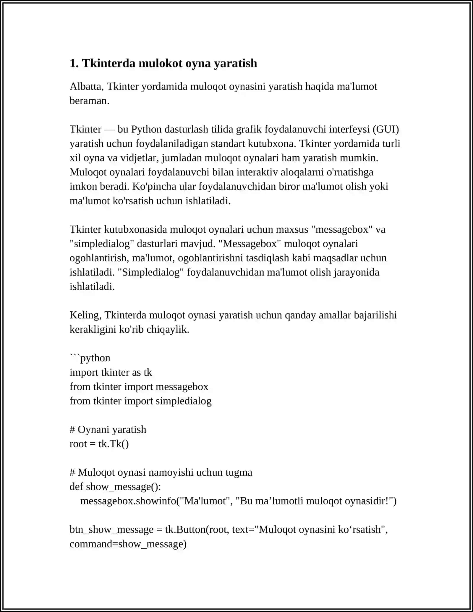 TKINTERDA MULOQOT OYNASI WINDOWS: XABARLAR QUTISI, FAYL DIALOGI VA RANGLAR DIALOGI 3