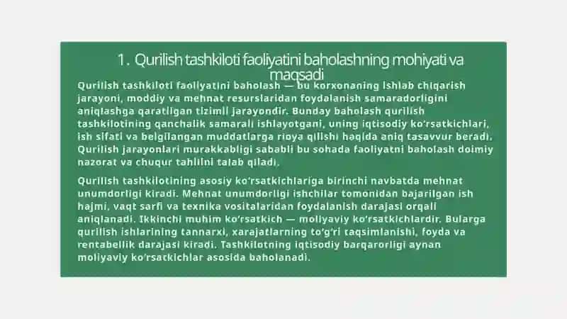 Qurilish tashkiloti faoliyatining asosiy ko'rsatkichlarini baholash 3