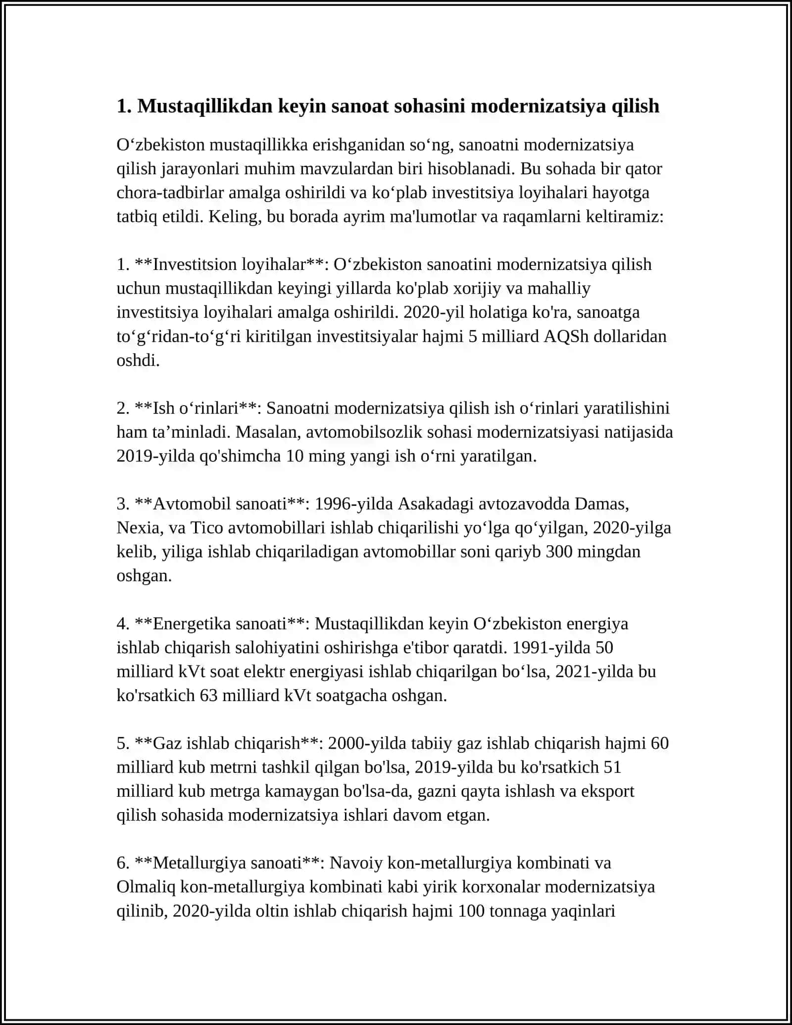 MUSTAQILLIK YILLARIDA O‘ZBEKISTONDA SANOAT SOHASINING RIVOJLANISHI 3