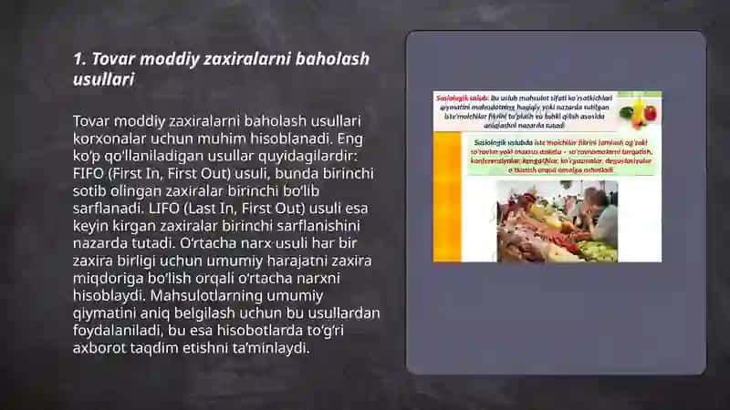 Tovar moddiy zaxiralarni togri baholanganligini tekshirish 3