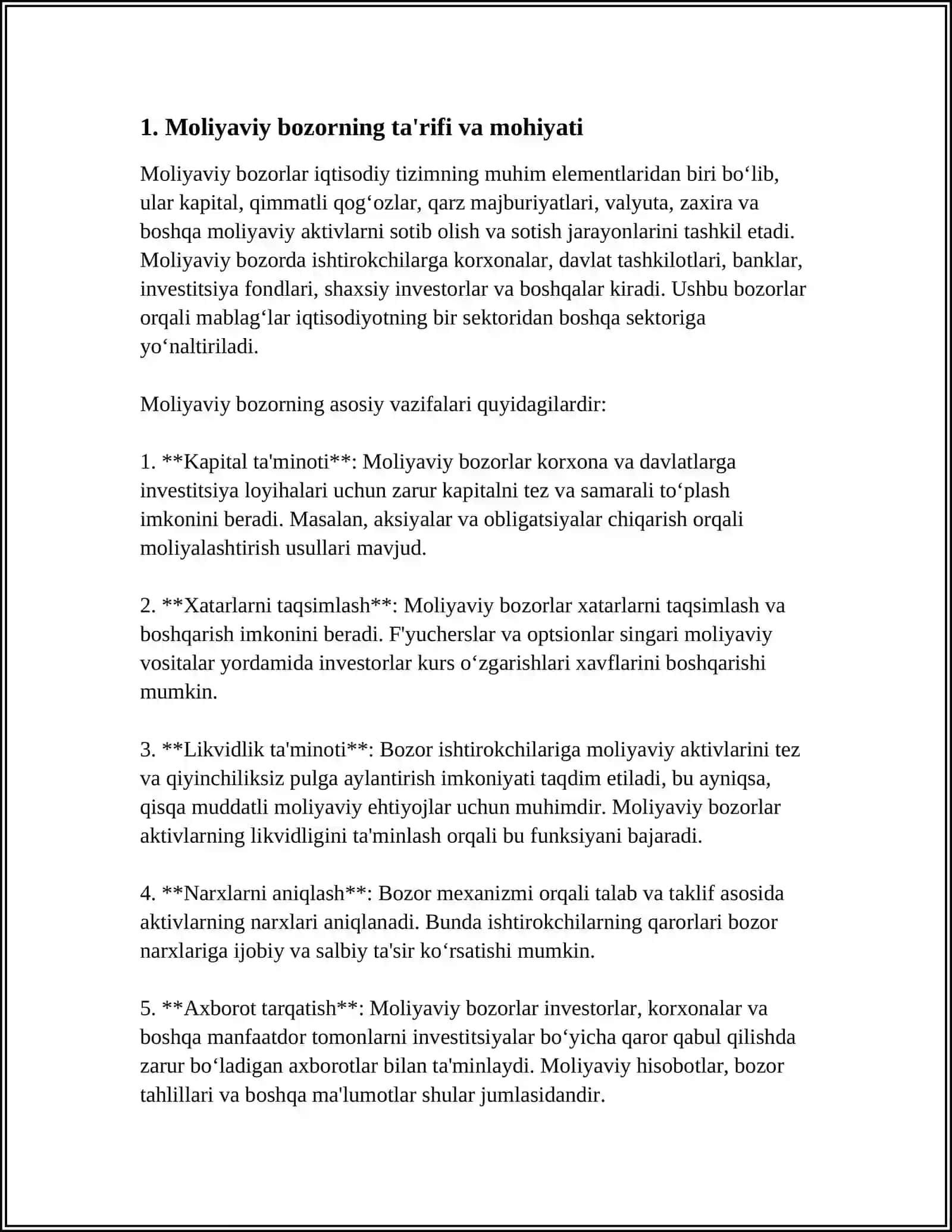Moliyaviy bozorning mohiyati, zaruriyati va asosiy vazifalari 3