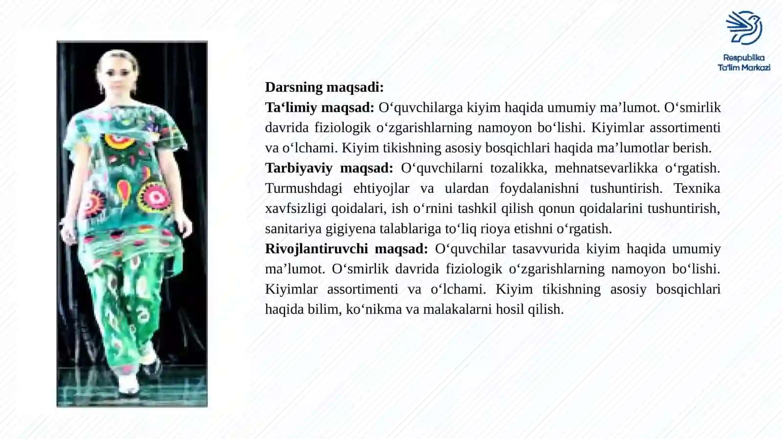 Kiyim haqida umumiy ma’lumot. Tikiladigan kiyim uchun gazlama va fason tanlash. To‘y va bayram kechalari uchun liboslar ansamblini yaratish 3