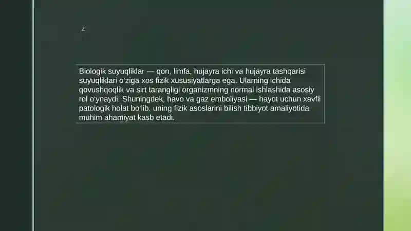 BIOLOGIK SUYUQLIKLARNING QOVUSHQOQLIGINI ANIQLASH USULLARINI OʻRGANISH. SUYUQLIKLARNING SIRT TARANGLIGI. HAVO VA GAZ EMBOLIYASI 3