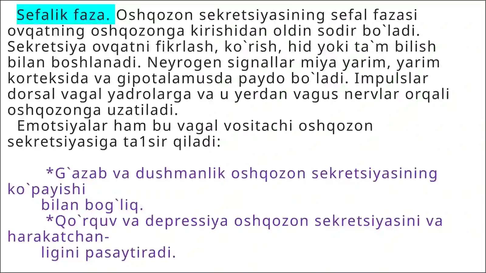 Oshqozonda ovqat hazm bo`lishi miya, oshqozon va ichak fazalari. 3