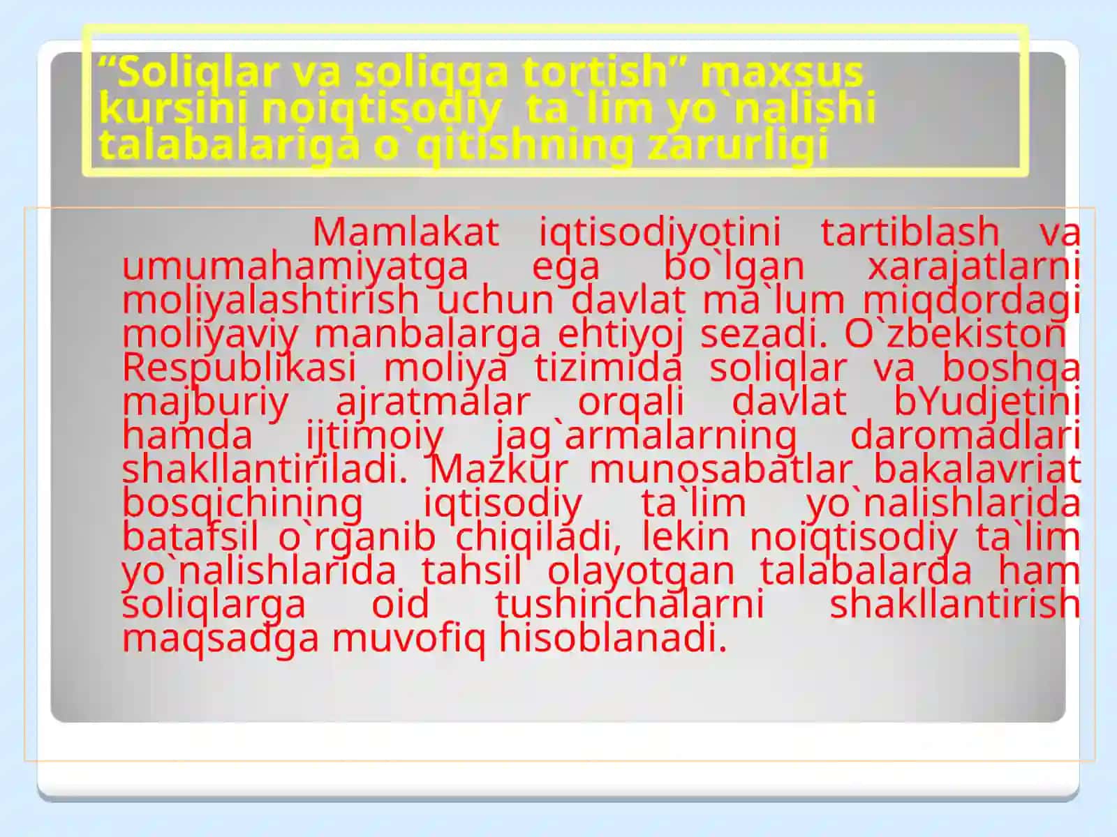 “Soliqlar va soliqqa tortish” maxsus kursi 3