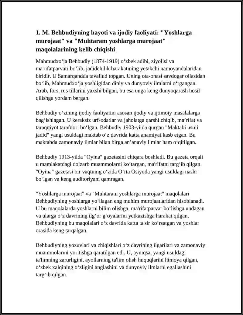 M. BEHBUDIYNING "YOSHLARGA MUROJAAT " VA "MUHTARAM YOSHLARGA MUROJAAT " MAQOLASI TAHLIL ETISH. (ESSE) 3