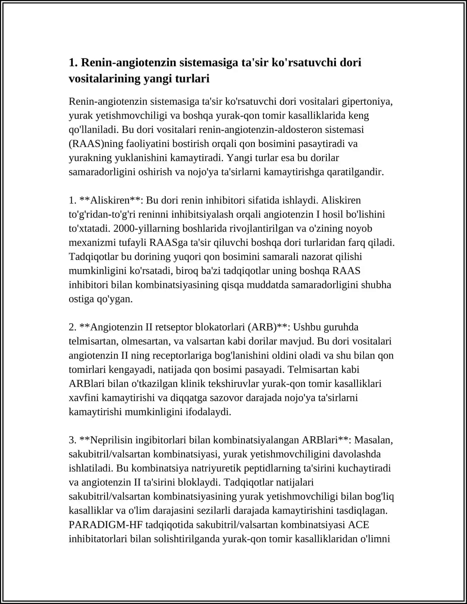 RENIN-ANGIOTENZIN SISTEMASIGA TA'SIR QILUVCHI YANGI DORI VOSITALAR 3