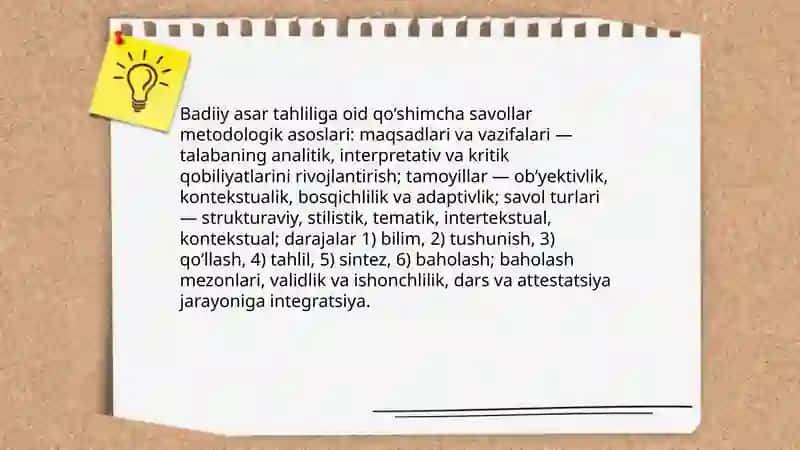 Badiiy asar tahliliga oid qo‘shimcha savol va topshiriq tizimini ishlash 3