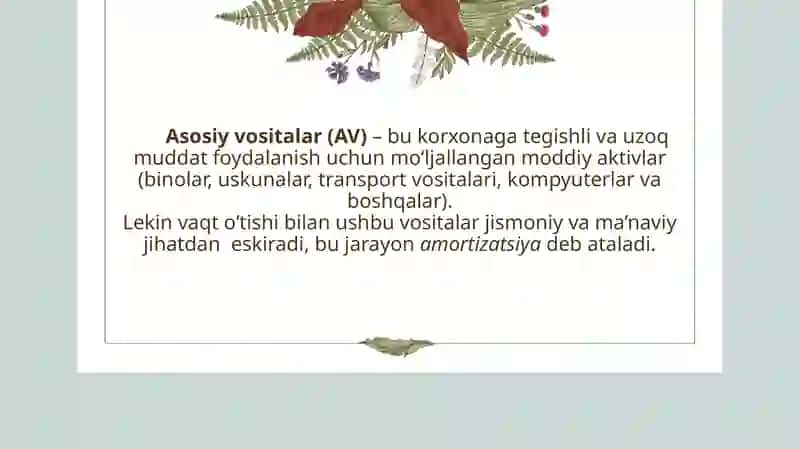 Asosiy vositalar eskirishi( amortizatsiya ) ning hisobi Amortizatsiya. Amortizatsiya Foydali xizmat muddati. Asosiy vositalarni qurish ta’mirlash hisobi. Asosiy vositalarni hisobdan chiqarish hisobi. 3