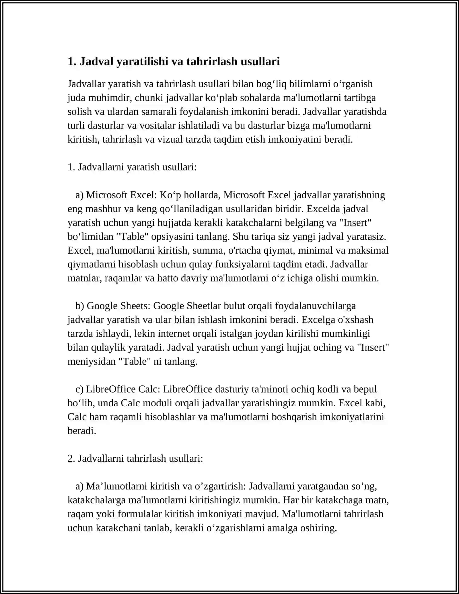 MATN REDAKTORLARIDA JADVALLAR, GIPER BOG’LANISH, SSILKA QO‘YISH BILAN AMALLAR BAJARISH 3