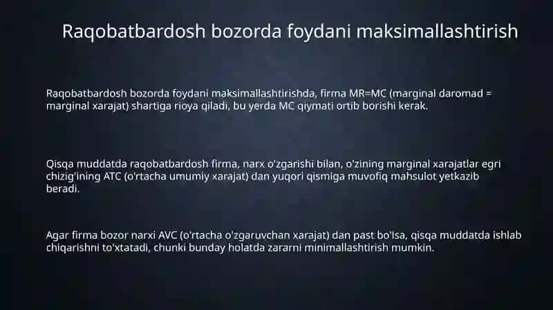 Raqobatlashgan bozorda foydasini maksimallashtirish va uning taklifi 3