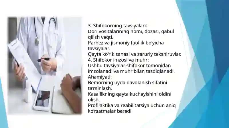 Kasalliklar tarixidagi shifokorning tavsiyalar varaqasi. Harora varaqasi. Navbatchiliki qabul qilish va topshirish 3