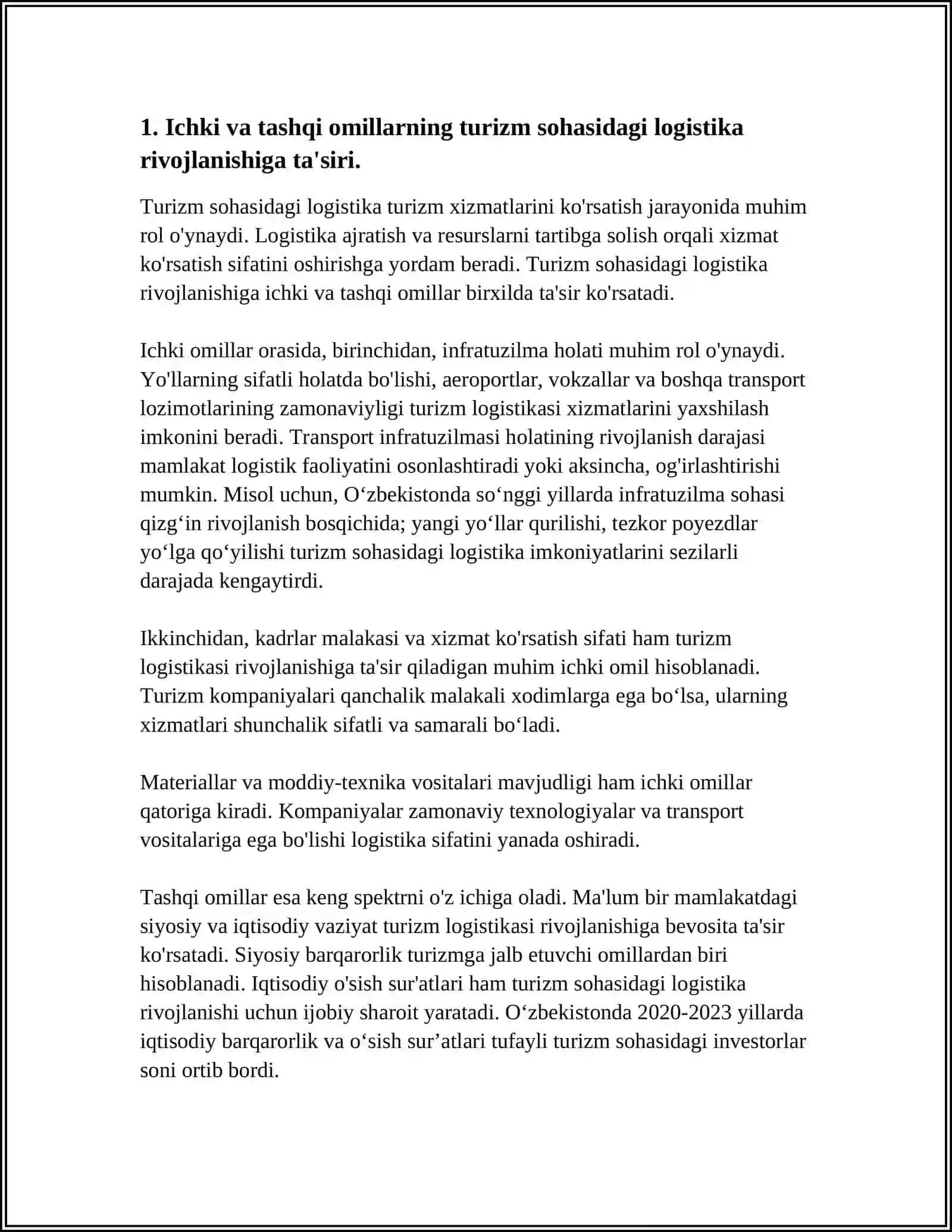 TURIZM SOHASIDA LOGISTIKASI RIVOJLANISHINING ICHKI VA TASHQI OMILLARI 3