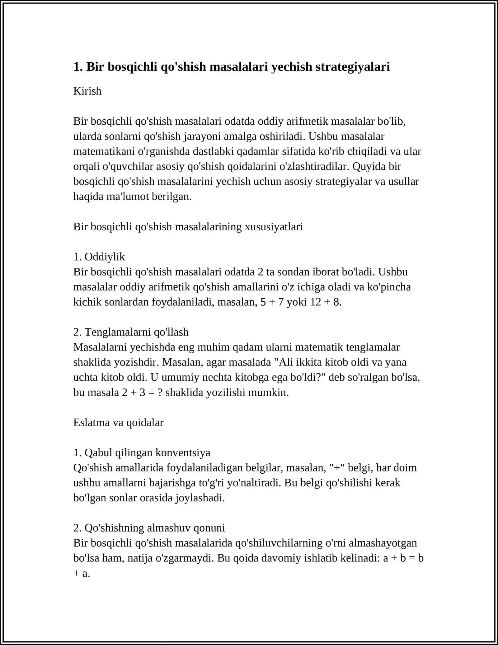 BIR BOSQICHLI QOSHISH VA AYRISH MASALALARINI YECHISH.MATEMATIK MAZMUNGA EGA ROLI OYINLAR 3