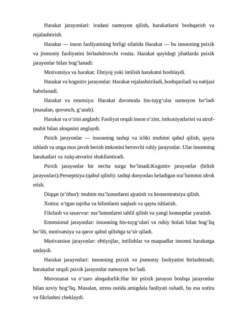 PSIXIK JARAYONLAR VA MIYANING O'ZARO ALOQADORLIGI.HARAKAT INSON FAOLIYATINING BIRLIGI SIFATIDA 3