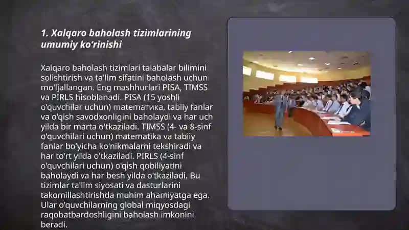 Xalqaro va milliy baholash mohiyati va mezonlari PISA, PIRLS, TIMSS xalqaro tadqiqotlarining mamlakatimiz taʼlim tizimidagi ahamiyati 3