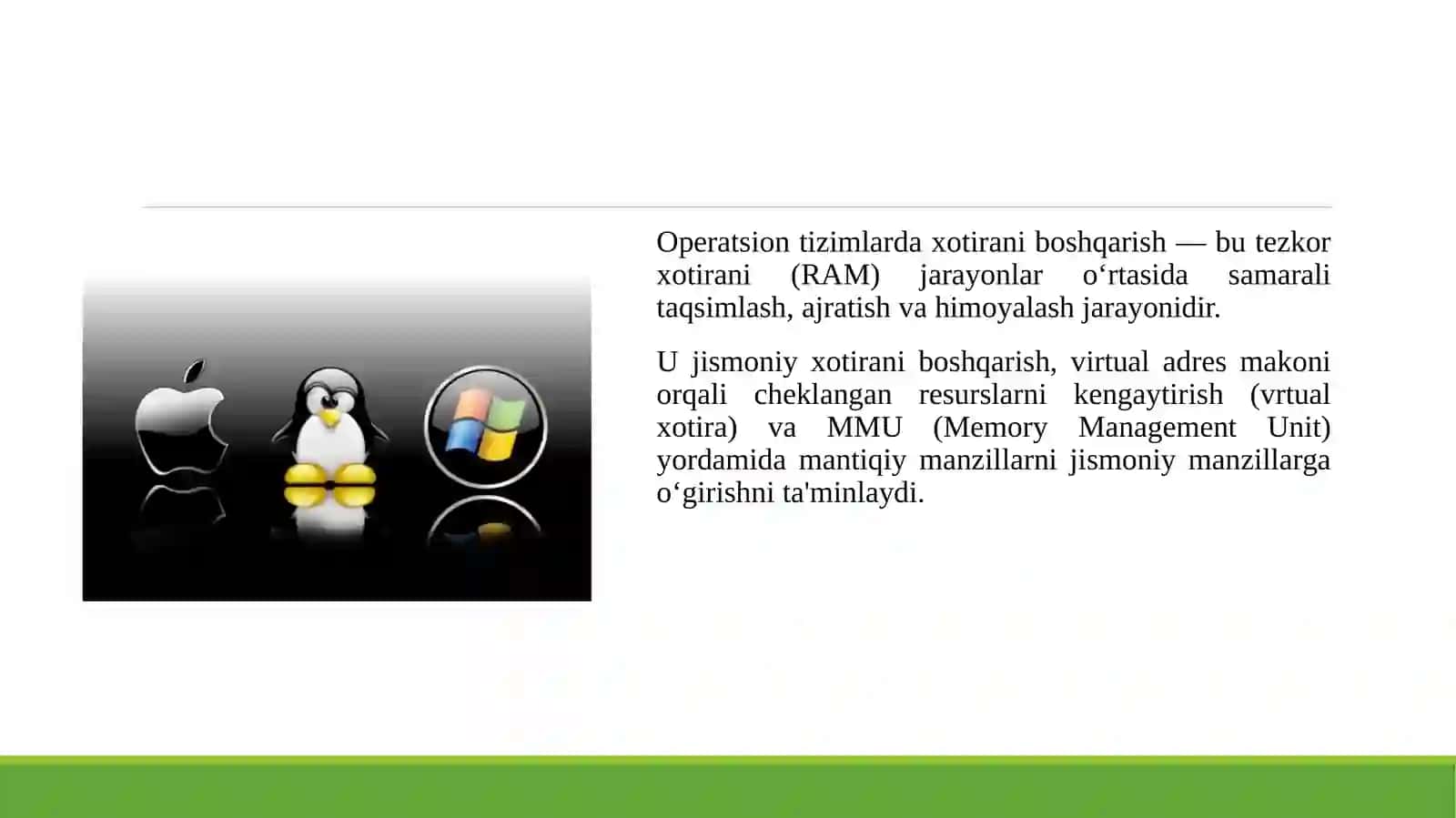 Operatsion tizimlarda xotirani boshqarish. Xotira va uni tasvirlash, virtual adres makoni 3