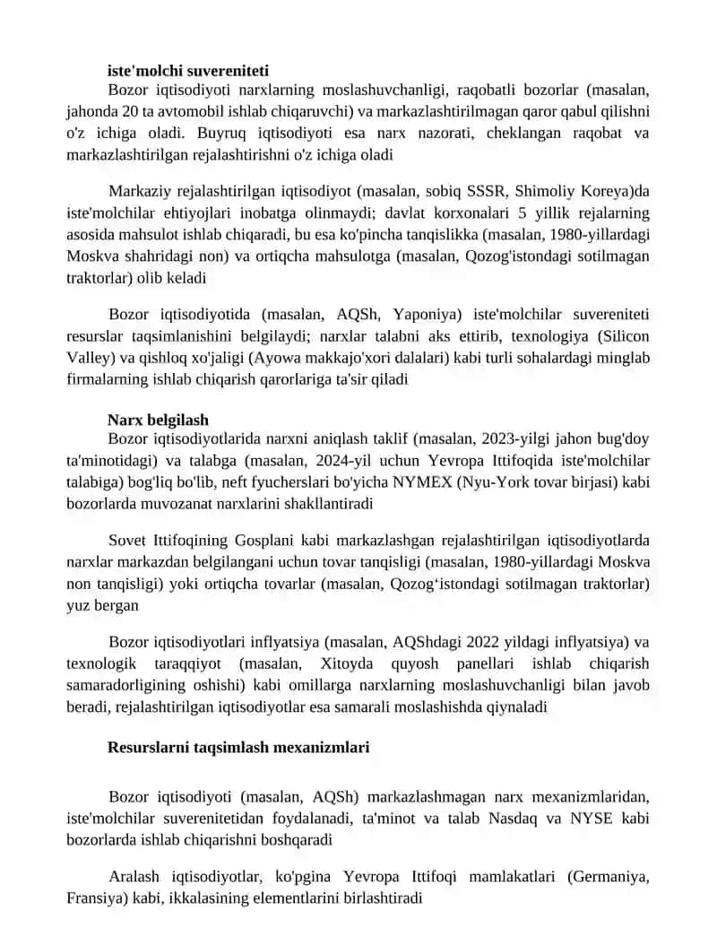 Buyruqbozlik va bozor iqtisodiyotlarining farqli xususiyatlari tahlili 3
