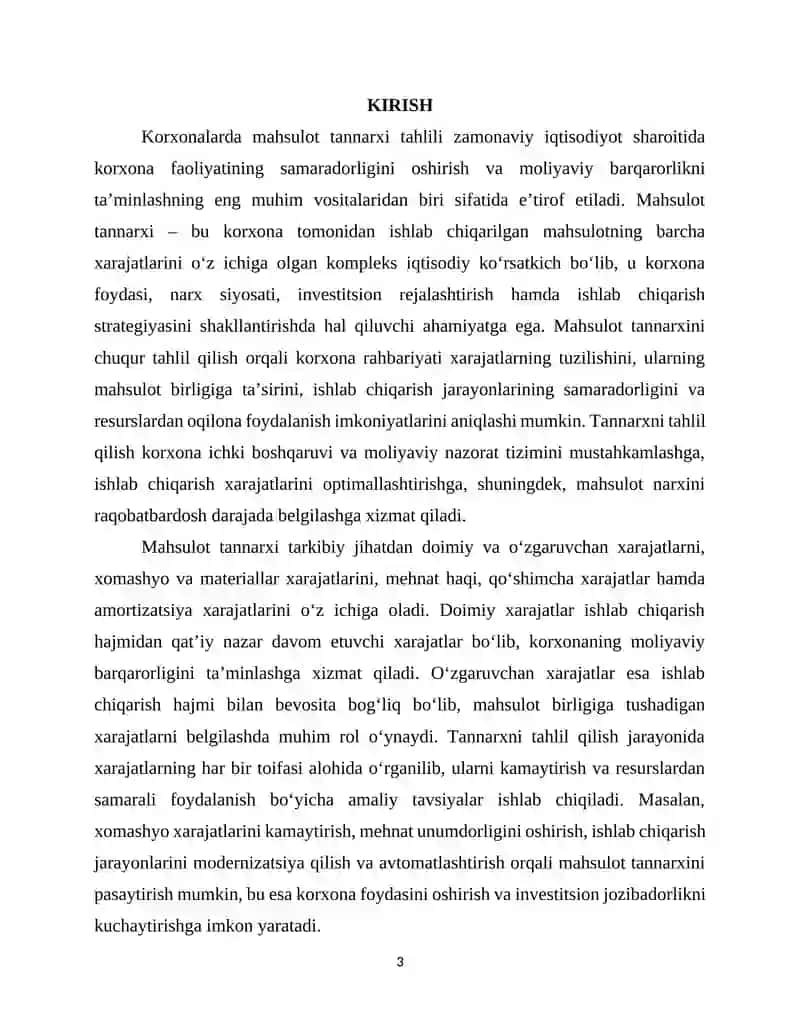 Korxonalarda mahsulot tannarxi tahlili REFERATi 3