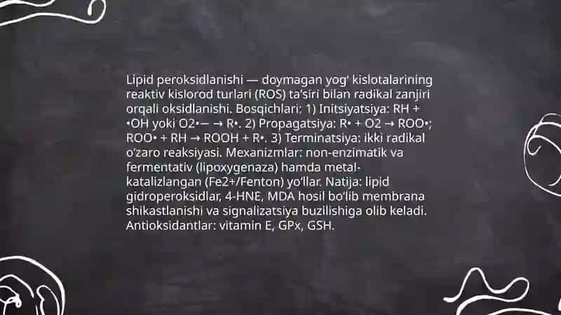 Lipidlarni peroksidlanishi va hujayra shikastlanishi patogenezidagi 3