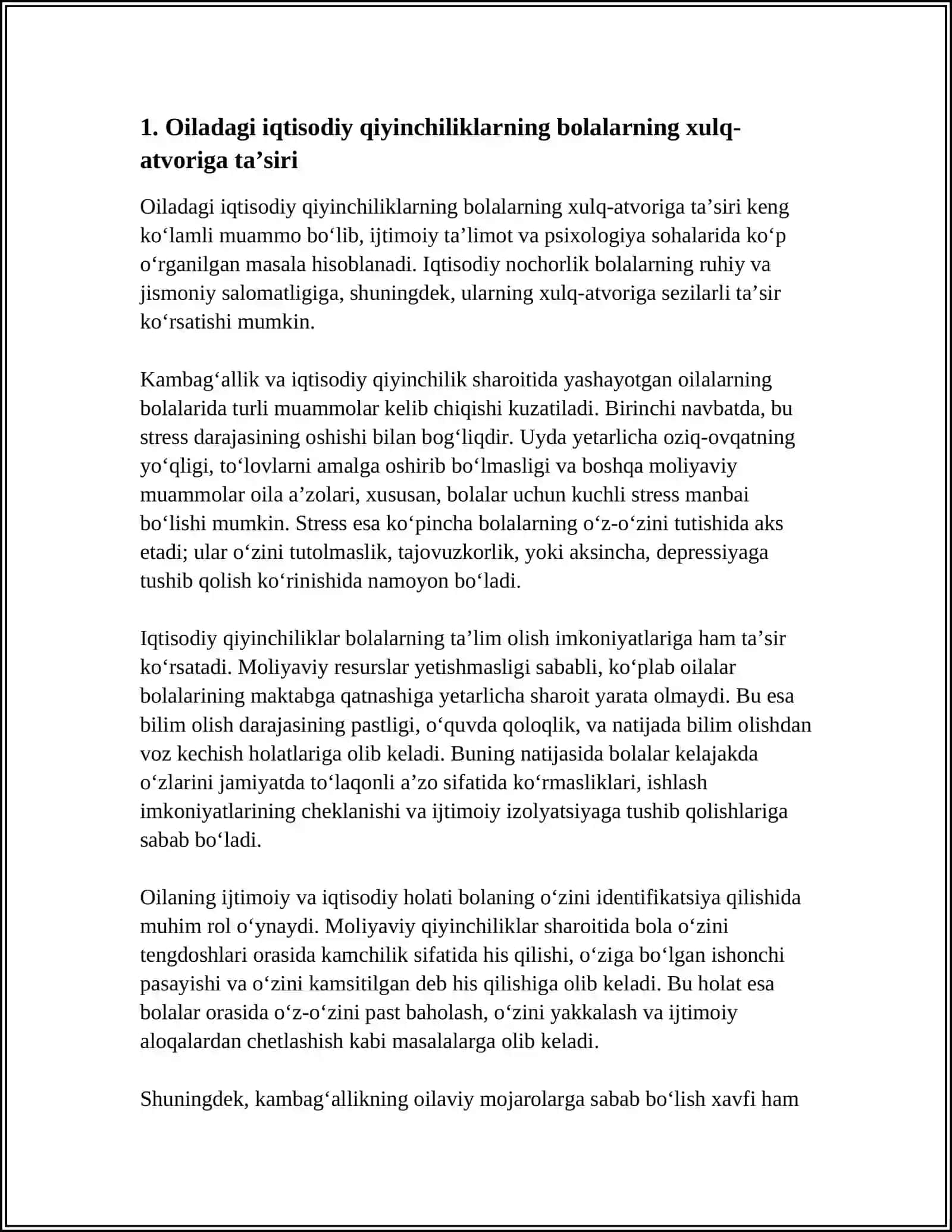 XAVF OSTIDAGI OILALARDA TARBIYALANAR OʻTGAN BOLALARNING XULQ ATVORIGA TAʼSIR ETUVCHI OMILLAR 3