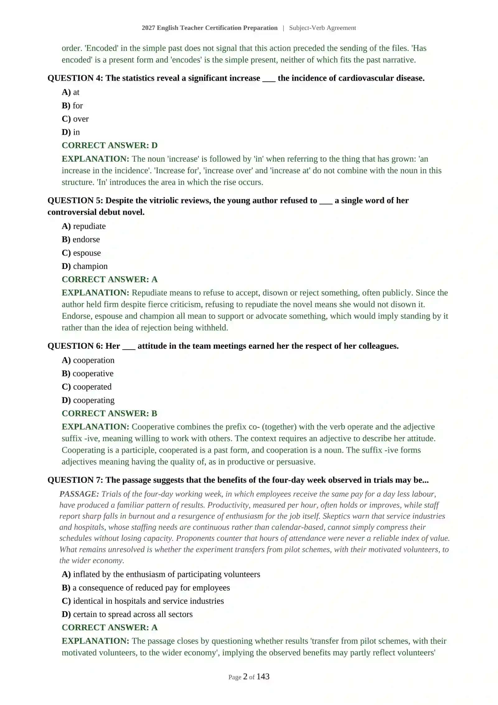ENGLISH LANGUAGE TEACHER ASSESSMENT - SUBJECT-VERB AGREEMENT - 2027 CERTIFICATION PREPARATION (600 QUESTIONS) 3