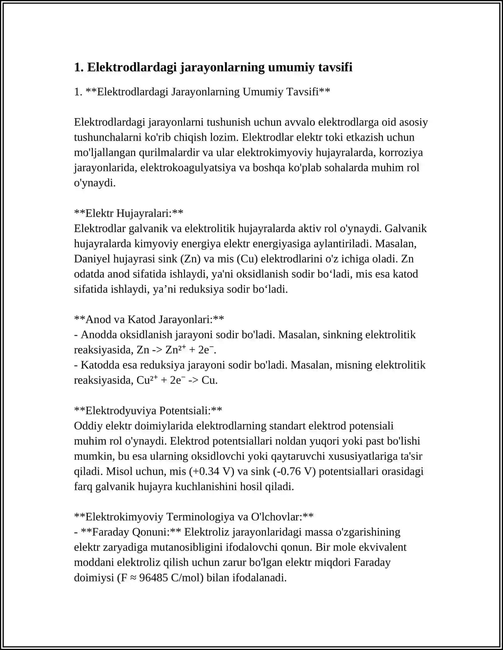 ELEKTRODLARDAGI JARAYONLAR.POTENSIALLAR HOSIL BO'LISHI 3