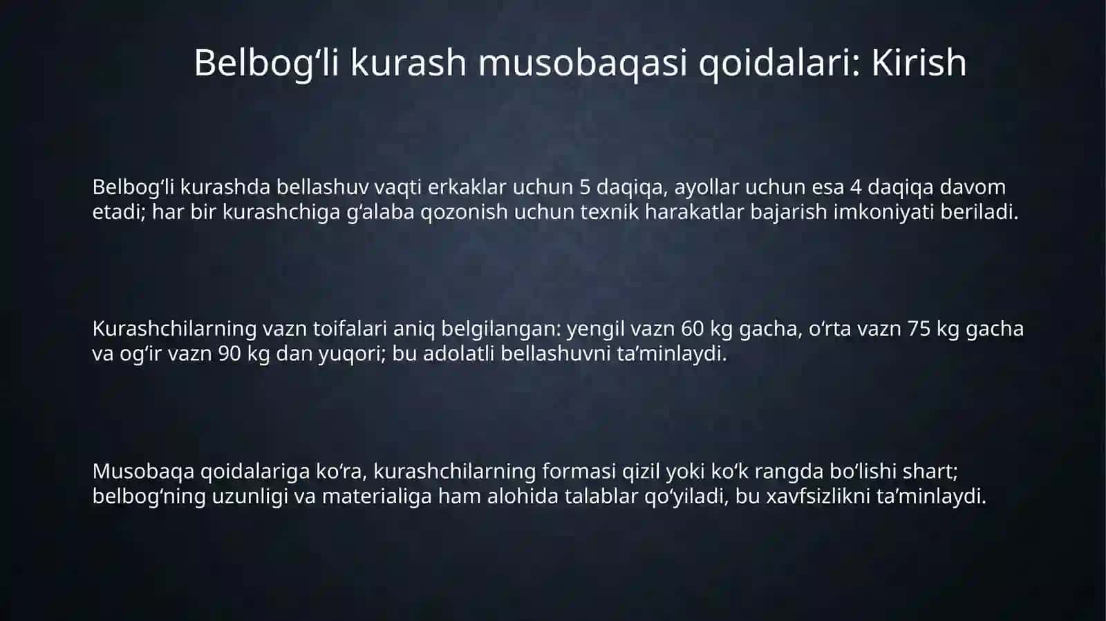 Belbog‘li kurash bo‘yicha musobaqa qoidalari va hakamlik qilish asoslari 3