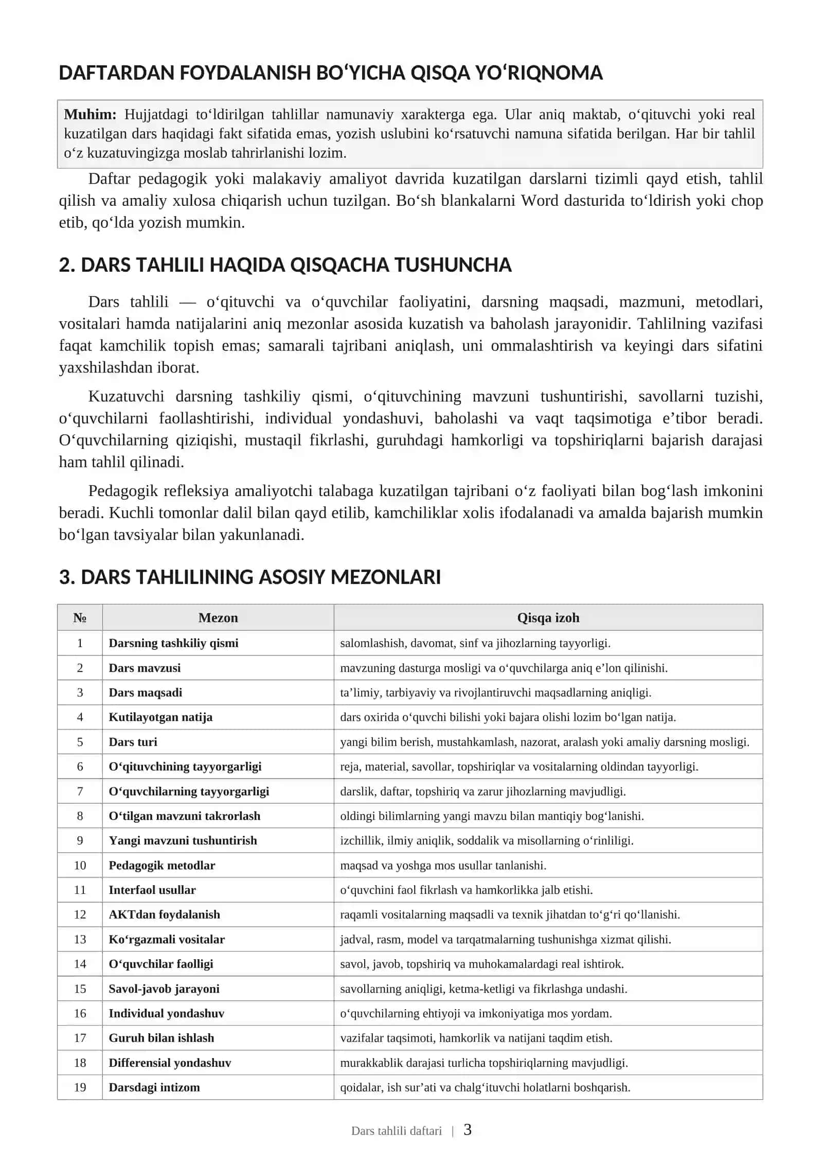 Dars tahlili daftari | Amaliyotchi talabalar va o‘qituvchilar uchun Word namuna | DOCX 3