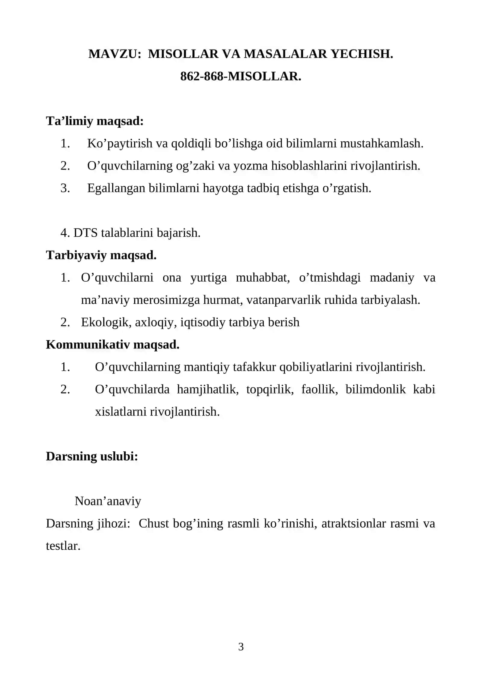 3-SINFLARDA MATEMATIKA FANIDAN TA’LIM MAKTABI 3