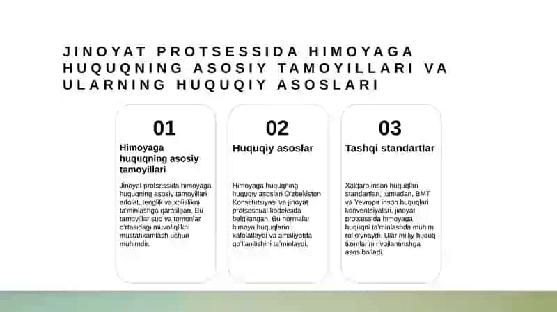 Jinoyat protsessual huquqida gumon qilinuvchi, ayblanuvchi va sudlanuvchining himoyalanish huquqi bilan ta'minlash prinspi 3