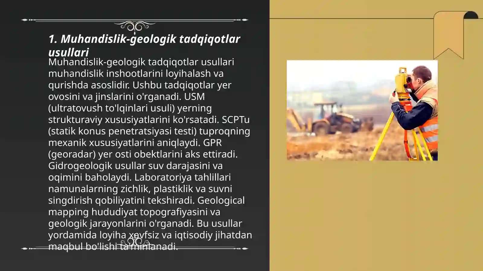 Muhandislik-geologik tadqiqotlar va geodezik rejalash asoslarini yaratish 3