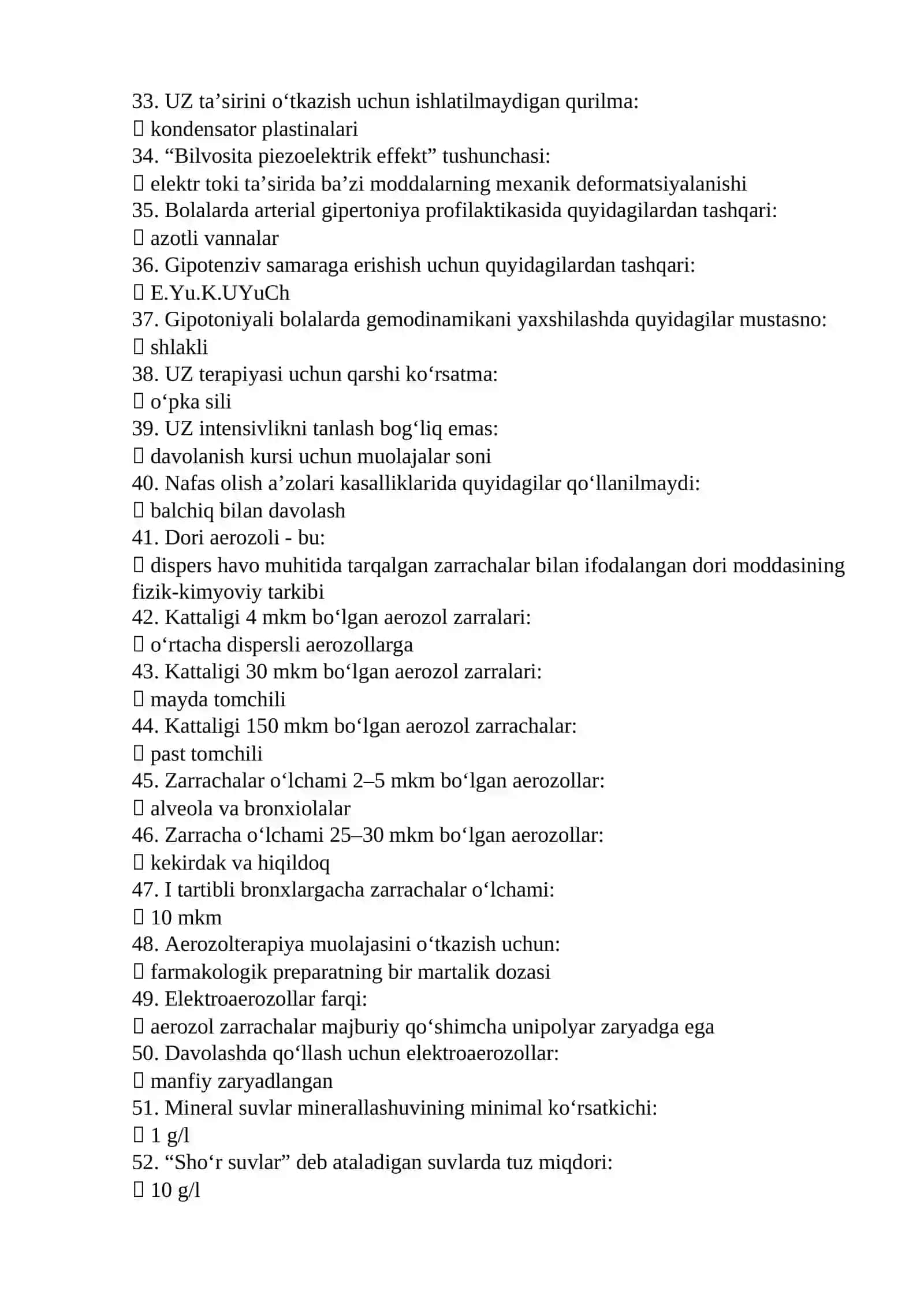 Reabilitalogiya (davolash fizkulturasi, kurortologiya, fizioterapiya) mutaxassisligi bo'yicha shakllantirilgan test savollari ro'yxati 3