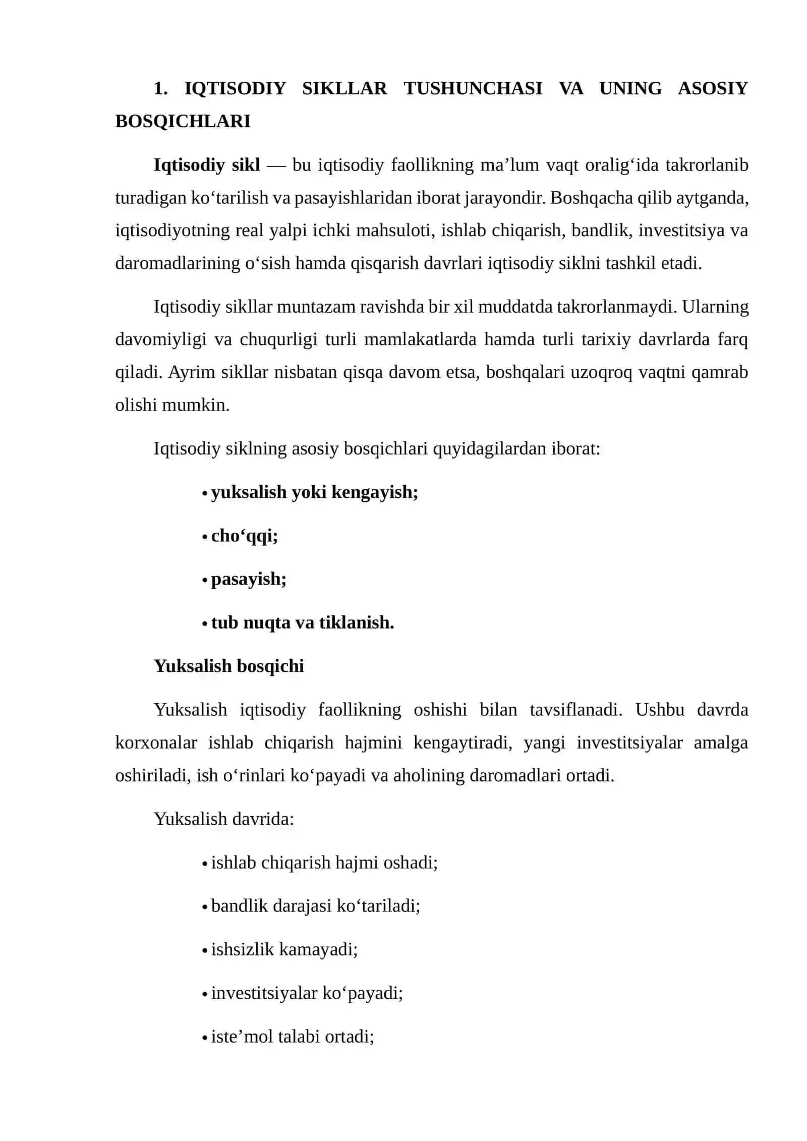 IQTISODIY SIKLLAR, INQIROZ, TIKLANISH, YUKSALISH VA PASAYISHNING ASOSIY XUSUSIYATLARI 3