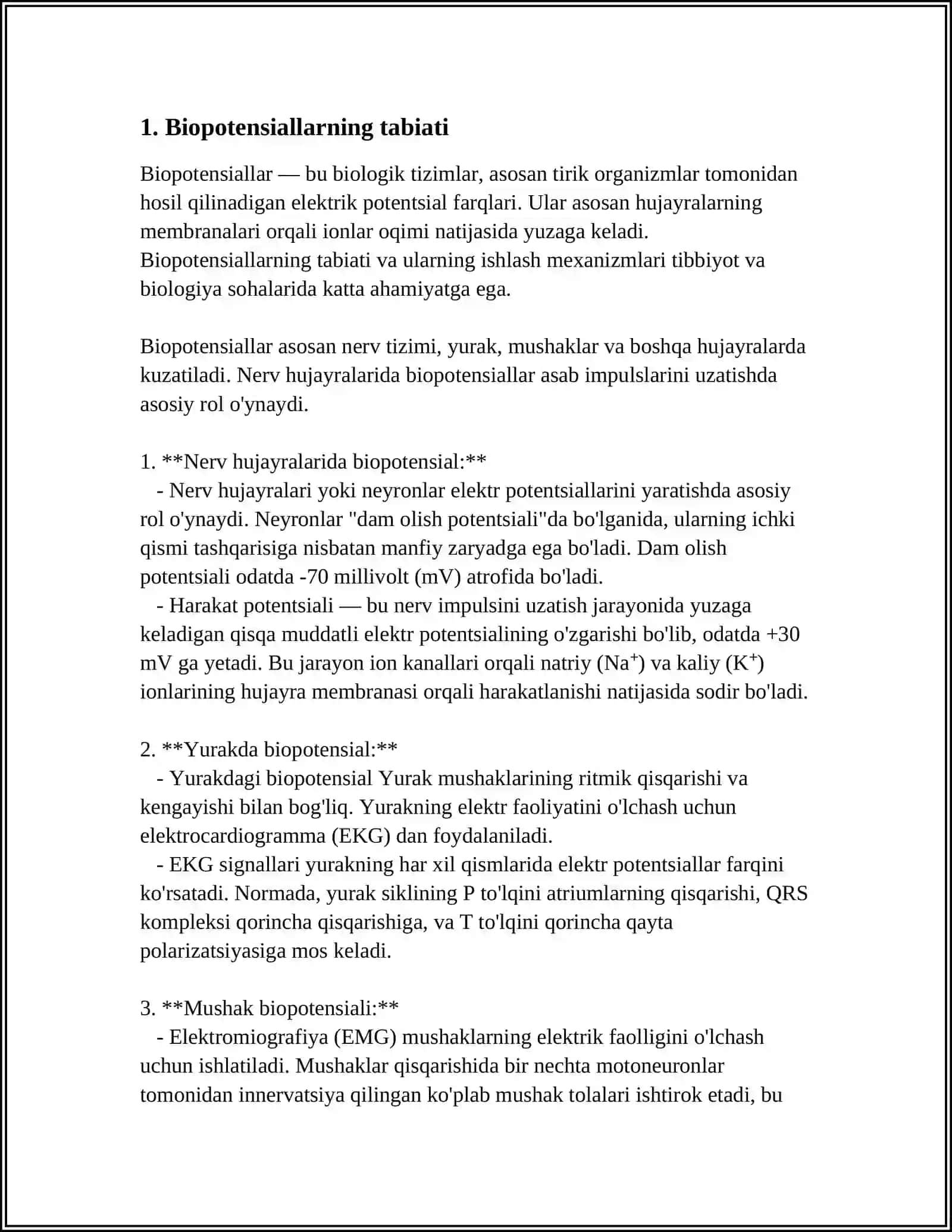 BIOPOTENSIALLARNI QAYD QILISHNING FIZIK ASOSLARI. ELEKTROKARDIOGRAFIYANING FIZIK ASOSLARINI O‘RGANISH 3