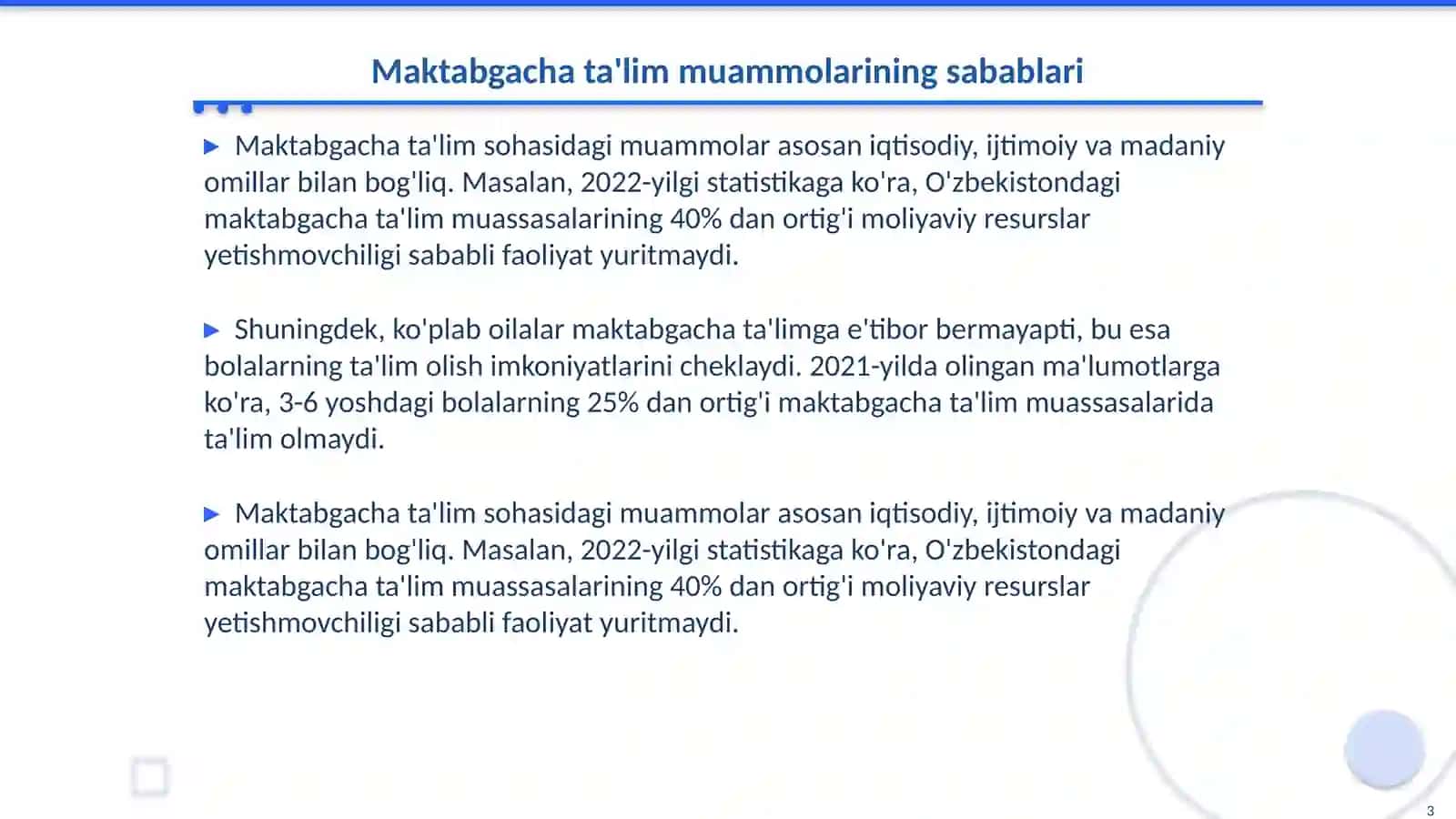 Maktabgacha ta'lim sohasida muammolar va yechimlar 3
