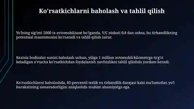 Avtomobil yoʻllarining transport ekspluatsion koʻrsatkichlarini rejalashtirish va baholash 3