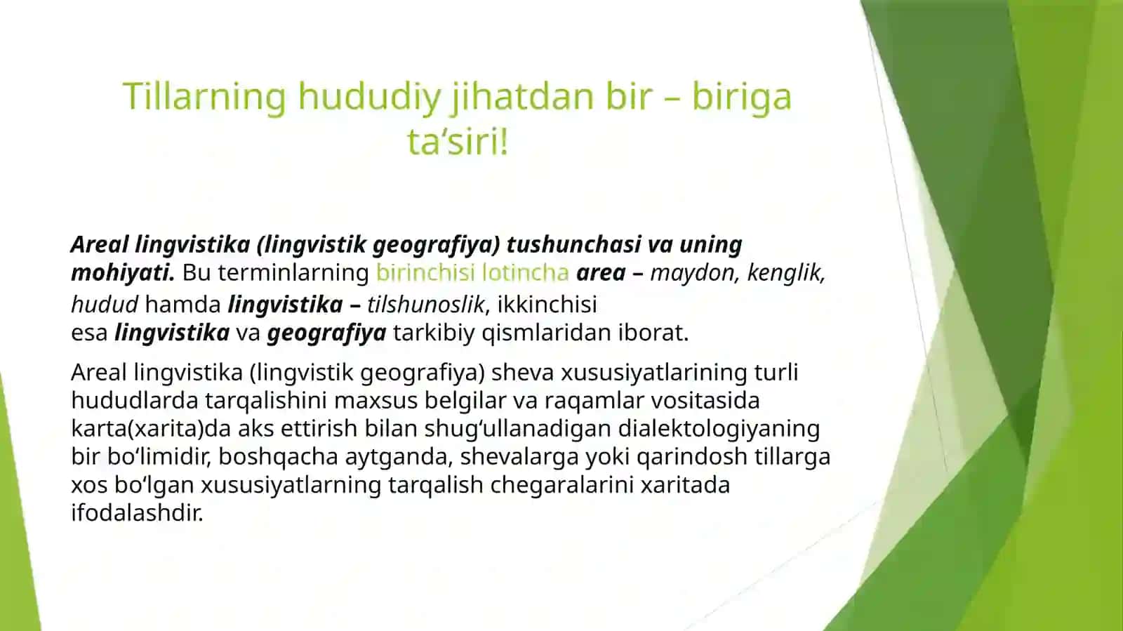 Areal Tilshunoslik. Tillar o’xshashligining genetik, areal va tipologik sabablari! 3
