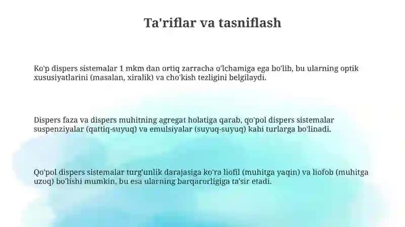 Dagʻal dispers sistemalarning xossalari va ularning tibbiyot va farmakologiyada ishlatilishi 3
