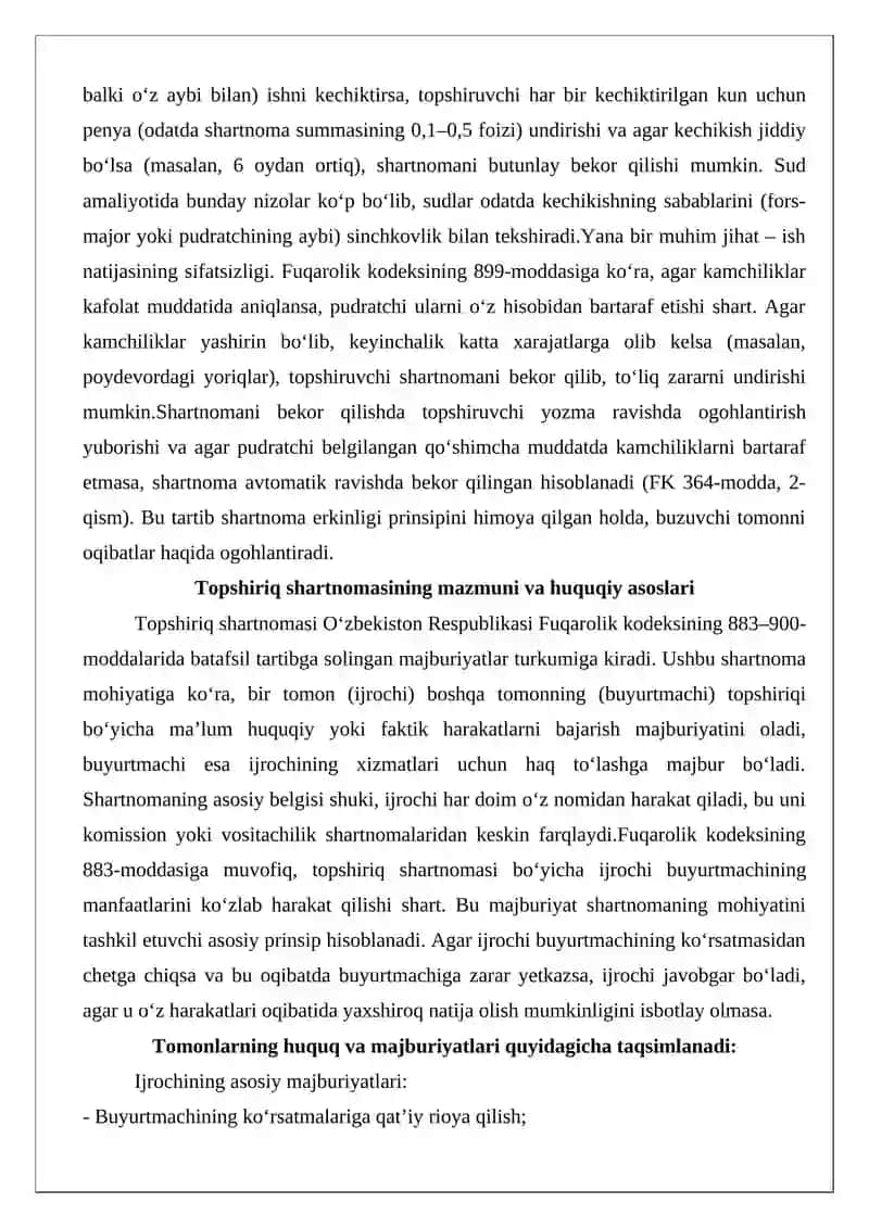 Topshiriq shartnomasi shartlarini buzganlik uchun javobgarlik va shartnomani bekor qilish asoslari 3